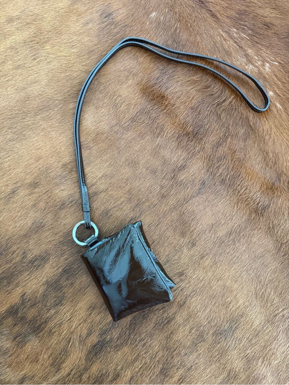 Massimo Dutti Black Patent Mini Pouch Necklace with Strap